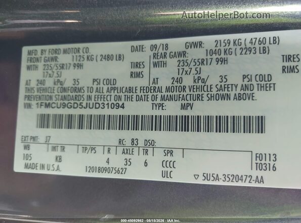 1FMCU9GD5JUD31094 2018 FORD ESCAPE Gray Engine compartment view