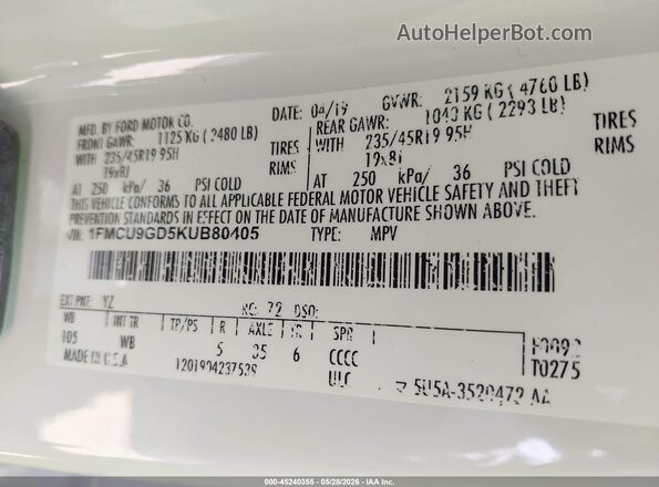 1FMCU9GD5KUB80405 2019 FORD ESCAPE White Вид підкапотного простору