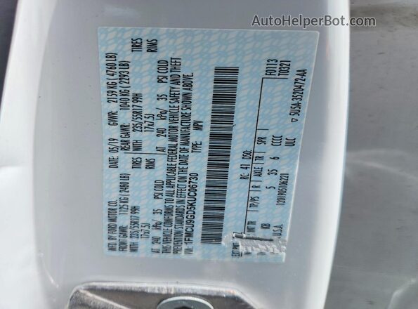 1FMCU9GD5KUC06730 2019 FORD ESCAPE Белый Панорамный вид салона 360°