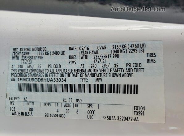 1FMCU9GD6HUA33034 2017 FORD ESCAPE Белый Вид наклейки с VIN-кодом
