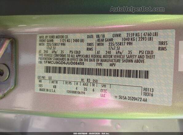 1FMCU9GD6JUD08455 2018 FORD ESCAPE Silver Вид підкапотного простору