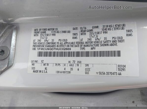1FMCU9GD7HUC02669 2017 FORD ESCAPE Белый Вид подкапотного пространства
