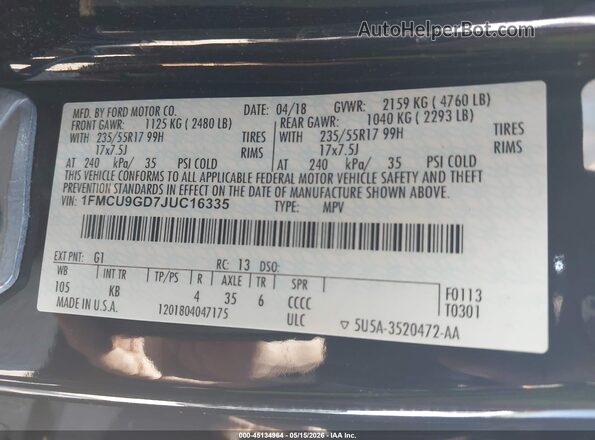 1FMCU9GD7JUC16335 2018 FORD ESCAPE Black Widok komory silnika