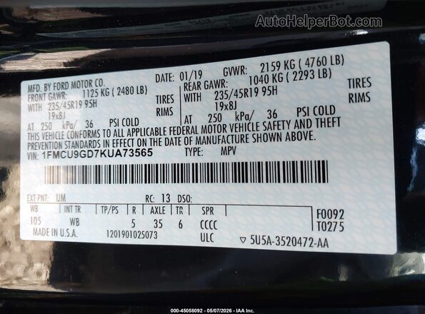 1FMCU9GD7KUA73565 2019 FORD ESCAPE Черный Вид подкапотного пространства
