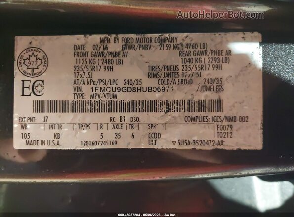 1FMCU9GD8HUB06971 2017 FORD ESCAPE Gray Widok naklejki z numerem VIN