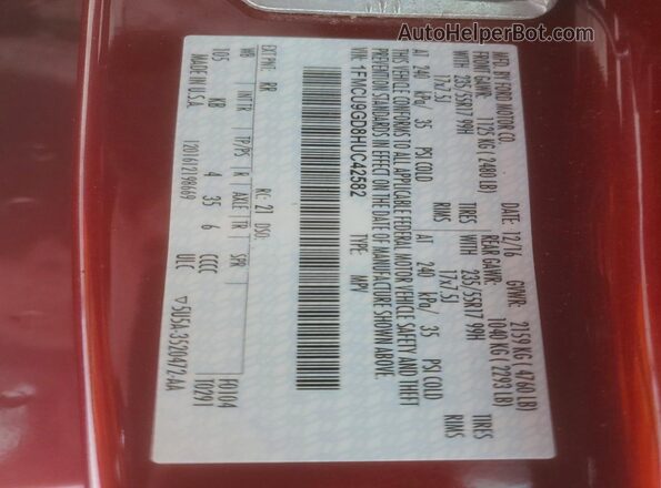 1FMCU9GD8HUC42582 2017 FORD ESCAPE Red Widok wnętrza 360 stopni