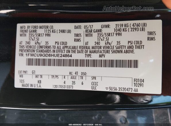 1FMCU9GD8HUE24864 2017 FORD ESCAPE Черный Вид подкапотного пространства