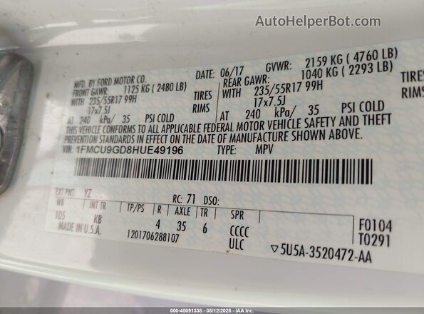 1FMCU9GD8HUE49196 2017 FORD ESCAPE White Vista del compartimento del motor