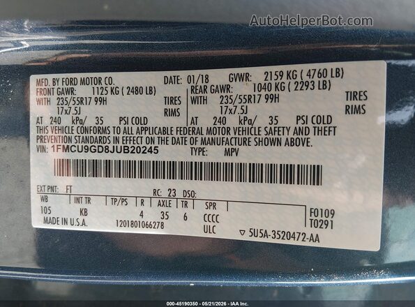 1FMCU9GD8JUB20245 2018 FORD ESCAPE Синий Вид подкапотного пространства