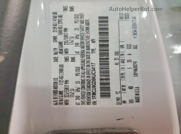 1FMCU9GD8KUC34117 2019 FORD ESCAPE White Widok naklejki z numerem VIN