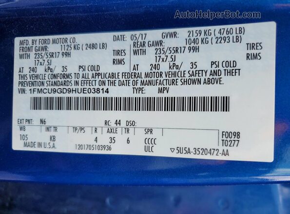 1FMCU9GD9HUE03814 2017 FORD ESCAPE Blue Widok naklejki z numerem VIN