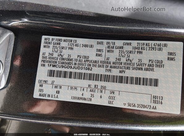 1FMCU9GD9JUD31082 2018 FORD ESCAPE Серый Вид подкапотного пространства