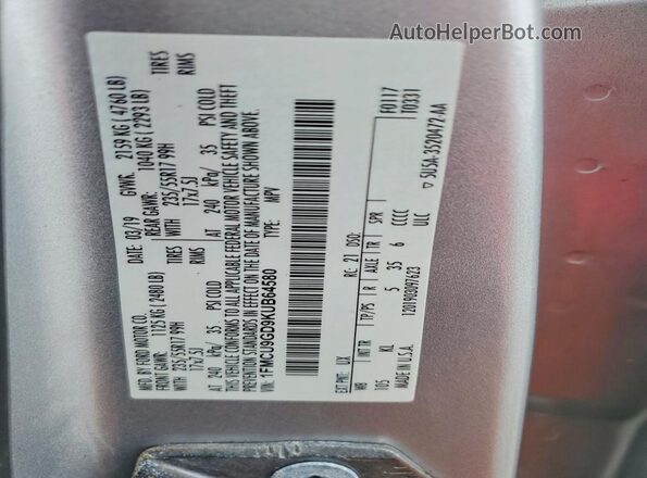 1FMCU9GD9KUB64580 2019 FORD ESCAPE Серебряный Панорамный вид салона 360°