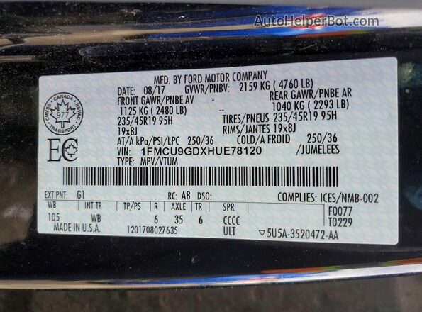 1FMCU9GDXHUE78120 2017 FORD ESCAPE Черный Вид наклейки с VIN-кодом