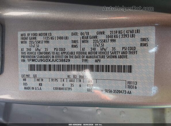 1FMCU9GDXJUC38829 2018 FORD ESCAPE Silver Շարժիչի բաժամունքի տեսք
