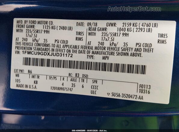 1FMCU9GDXJUD31172 2018 FORD ESCAPE Blue Vista del compartimento del motor