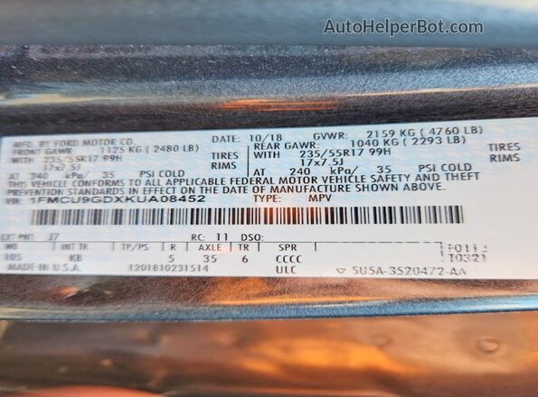 1FMCU9GDXKUA08452 2019 FORD ESCAPE Серый Вид наклейки с VIN-кодом