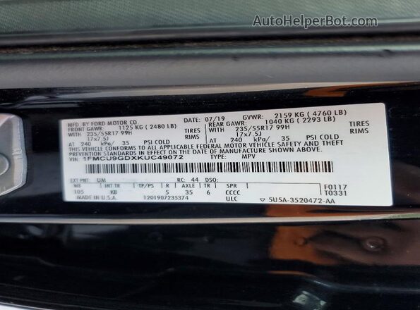 1FMCU9GDXKUC49072 2019 FORD ESCAPE Black Widok naklejki z numerem VIN
