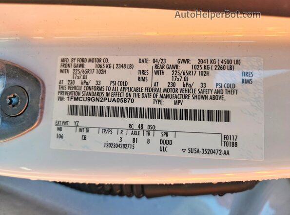 1FMCU9GN2PUA05870 2023 FORD ESCAPE White Widok naklejki z numerem VIN