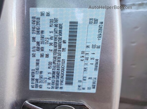 1FMCU9GX3GUC11331 2016 FORD ESCAPE Silver Widok naklejki z numerem VIN