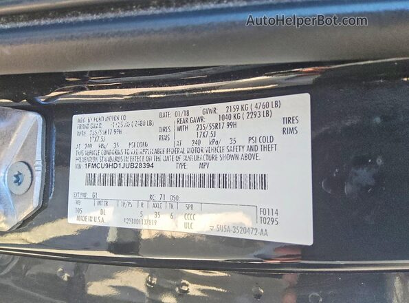 1FMCU9HD1JUB28394 2018 FORD ESCAPE Черный Вид наклейки с VIN-кодом