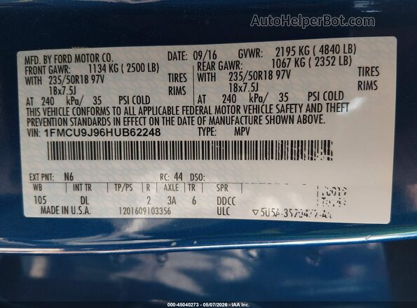 1FMCU9J96HUB62248 2017 FORD ESCAPE Синий Вид подкапотного пространства