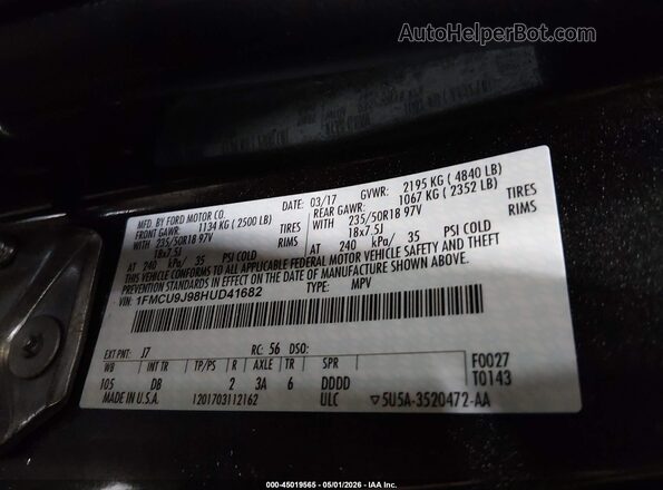 1FMCU9J98HUD41682 2017 FORD ESCAPE Black Widok komory silnika