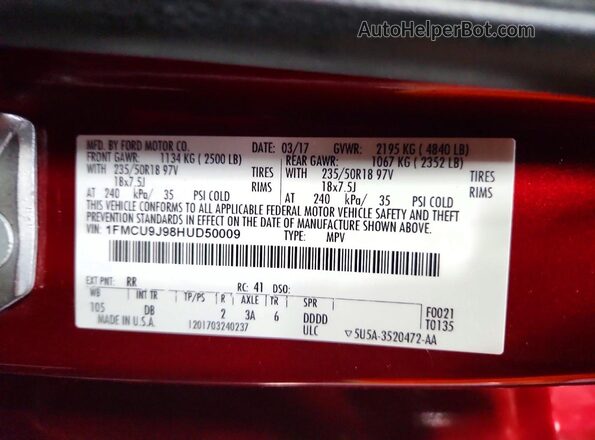 1FMCU9J98HUD50009 2017 FORD ESCAPE Red Widok naklejki z numerem VIN