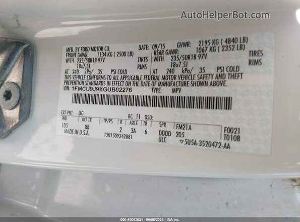 1FMCU9J9XGUB02276 2016 FORD ESCAPE Белый Вид подкапотного пространства