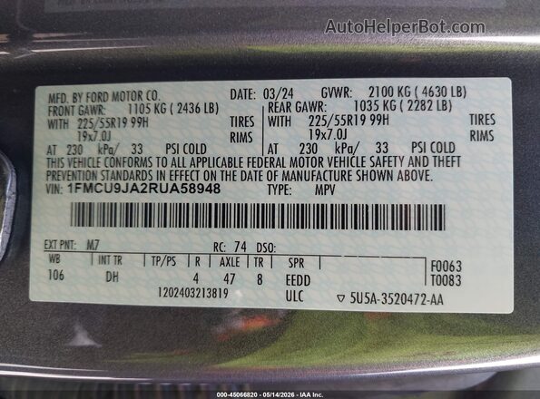 1FMCU9JA2RUA58948 2024 FORD ESCAPE Gray Widok komory silnika