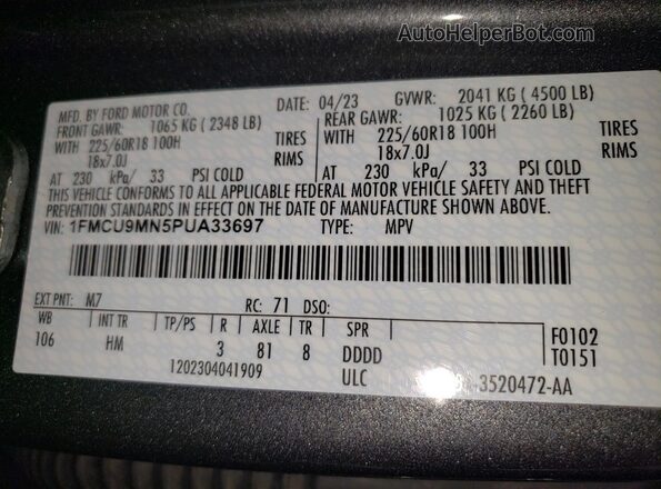 1FMCU9MN5PUA33697 2023 FORD ESCAPE Серый Вид наклейки с VIN-кодом