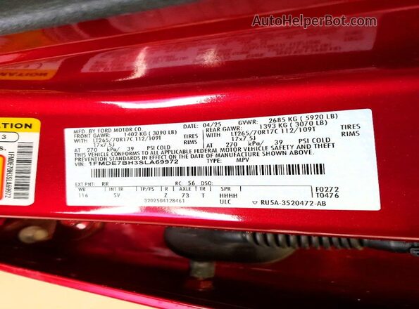 1FMDE7BH3SLA69972 2025 FORD BRONCO Красный Панорамный вид салона 360°