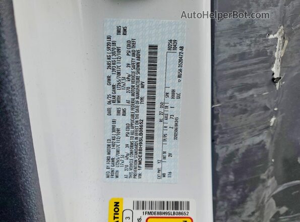 1FMDE8BH9SLB08652 2025 FORD BRONCO Белый Вид наклейки с VIN-кодом