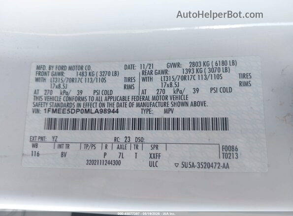 1FMEE5DP0MLA98944 2021 FORD BRONCO White Vista del compartimento del motor