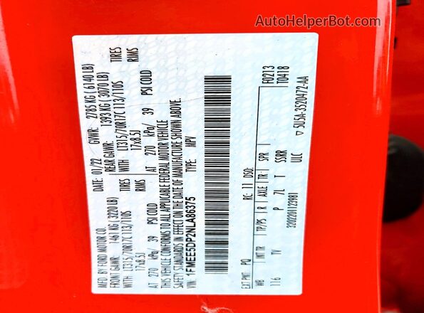 1FMEE5DP2NLA86375 2022 FORD BRONCO Red Widok naklejki z numerem VIN