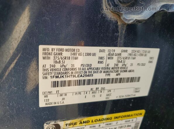 1FMJK1HT9LEA25405 2020 FORD EXPEDITION Blue Vista de la etiqueta del VIN
