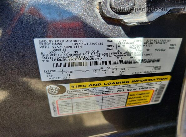 1FMJK1KT3LEA20340 2020 FORD EXPEDITION Угольный Вид наклейки с VIN-кодом