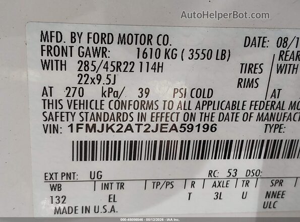 1FMJK2AT2JEA59196 2018 FORD EXPEDITION MAX White Vista del compartimento del motor