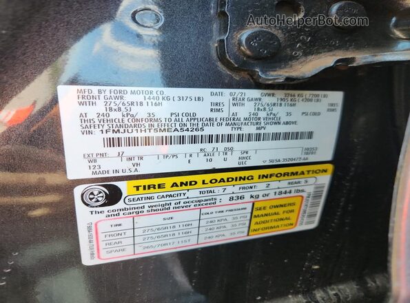 1FMJU1HT5MEA54265 2021 FORD EXPEDITION Gray Widok naklejki z numerem VIN