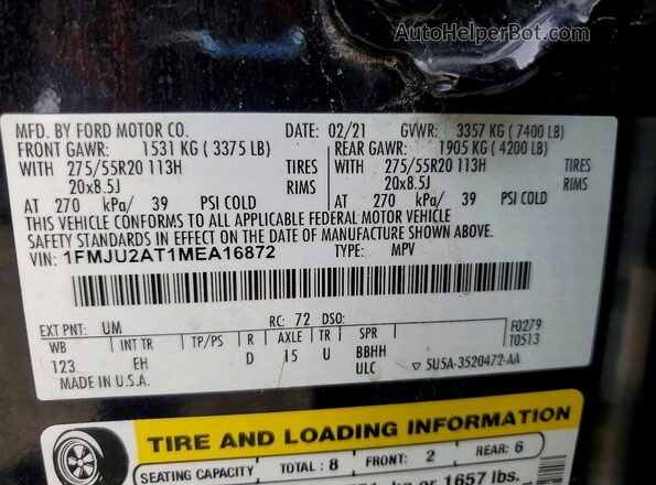 1FMJU2AT1MEA16872 2021 FORD EXPEDITION Black Панорамний вид салону 360°