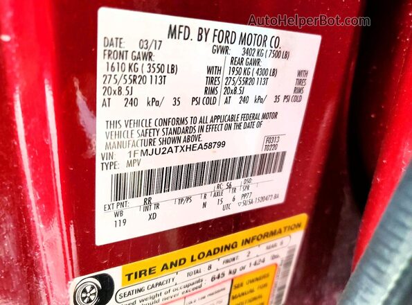 1FMJU2ATXHEA58799 2017 FORD EXPEDITION Красный Вид наклейки с VIN-кодом
