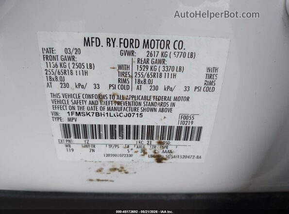 1FMSK7BH1LGC00715 2020 FORD EXPLORER Белый Вид подкапотного пространства