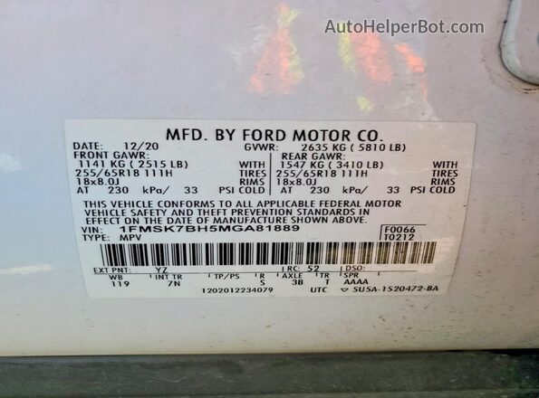 1FMSK7BH5MGA81889 2021 FORD EXPLORER White Widok naklejki z numerem VIN
