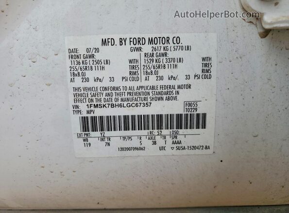 1FMSK7BH6LGC67357 2020 FORD EXPLORER White Widok naklejki z numerem VIN