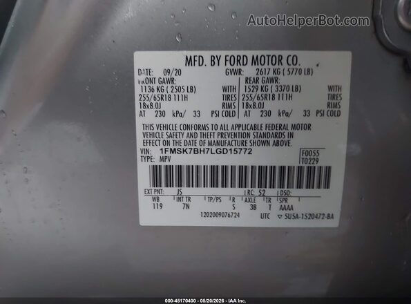 1FMSK7BH7LGD15772 2020 FORD EXPLORER Silver Widok komory silnika