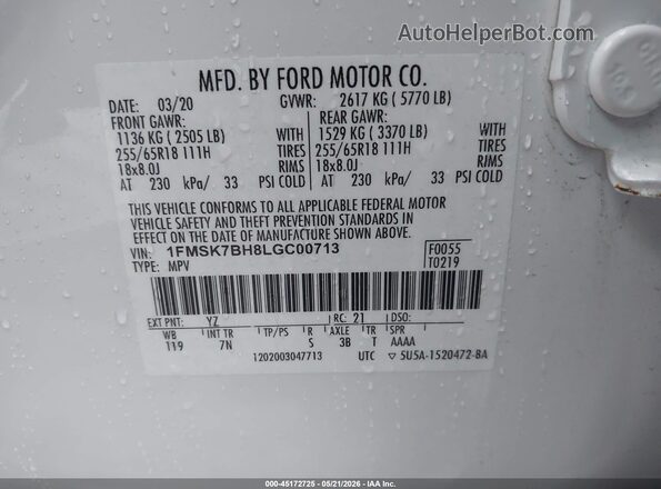 1FMSK7BH8LGC00713 2020 FORD EXPLORER White Engine compartment view