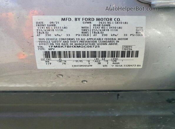 1FMSK7BHXMGC06725 2021 FORD EXPLORER Серебряный Вид наклейки с VIN-кодом
