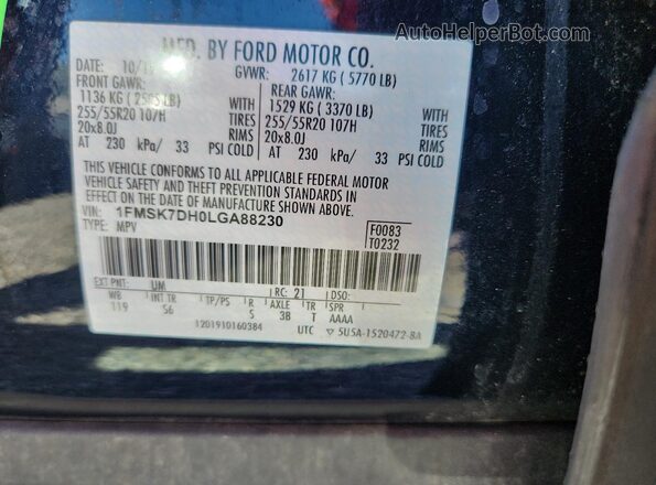 1FMSK7DH0LGA88230 2020 FORD EXPLORER Black Vista interior de 360 grados