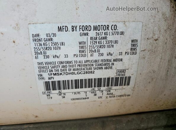 1FMSK7DH0LGC28082 2020 FORD EXPLORER White სალონის 360-გრადუსიანი ხედი