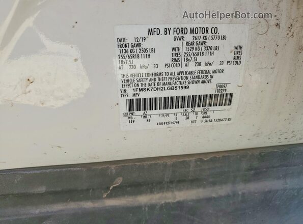1FMSK7DH2LGB51599 2020 FORD EXPLORER Белый Вид наклейки с VIN-кодом